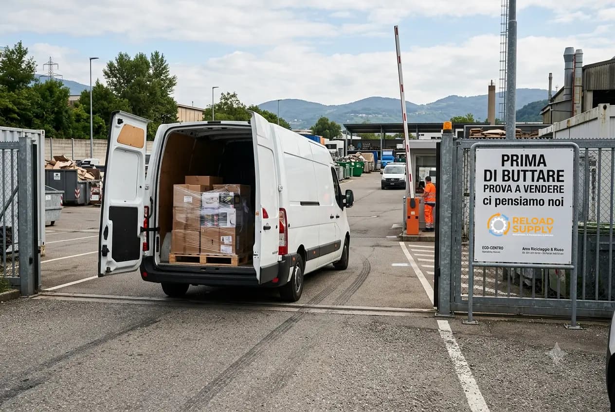 Furgone con pallet recuperato davanti a un centro di raccolta industriale
