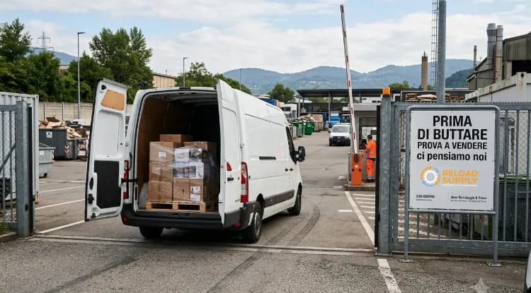 Stock industriale organizzato sotto una tettoia di magazzino