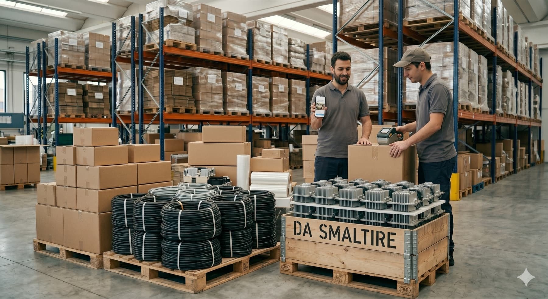 Materiali industriali e colli in magazzino pronti per essere rimessi in circolo
