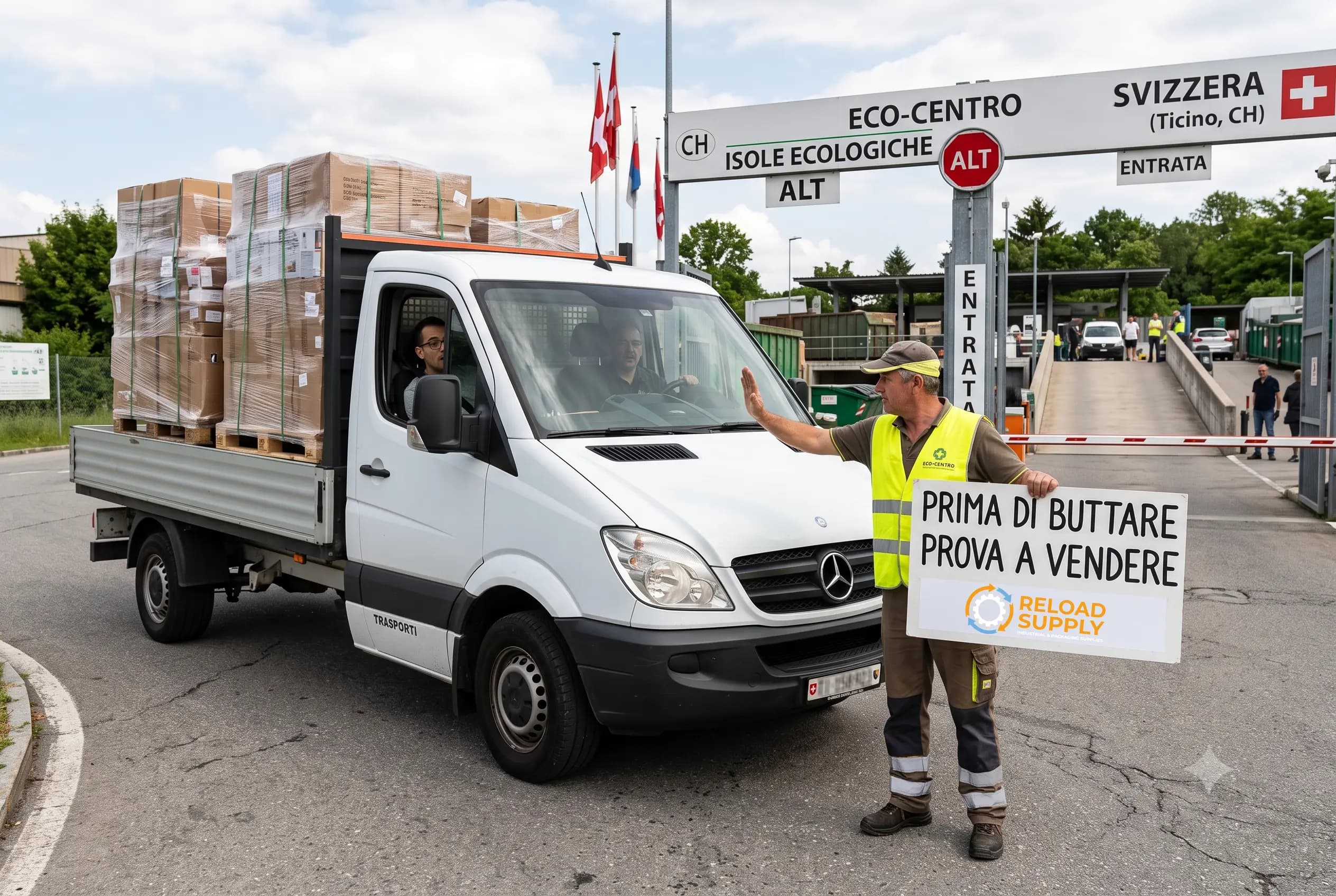 Camion con materiale recuperabile davanti a un eco-centro
